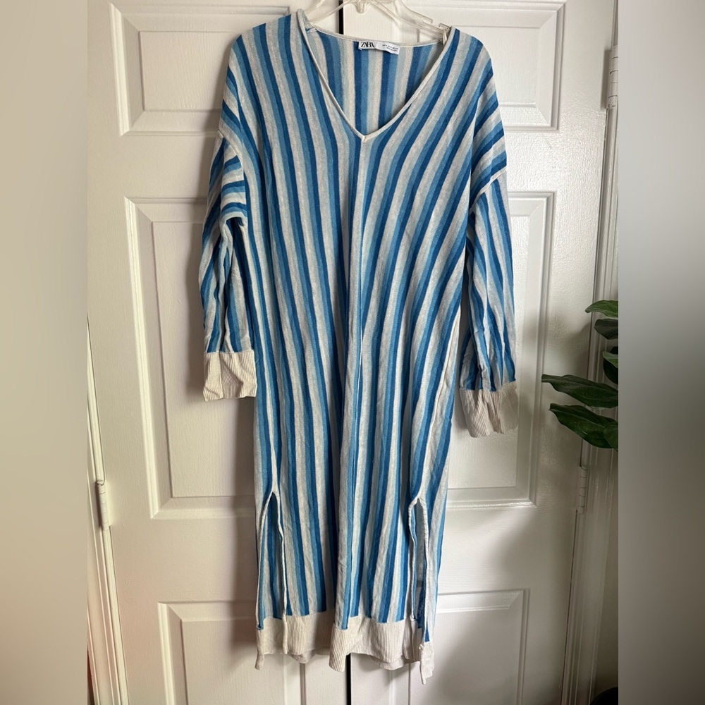 Zara Blue & White Striped Linen Beach Dress Coverup size S Coastal July 4th